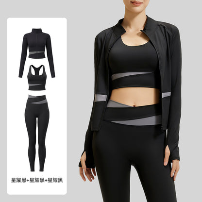 A color matching three-piece nude yoga suit running waist fitness suit women