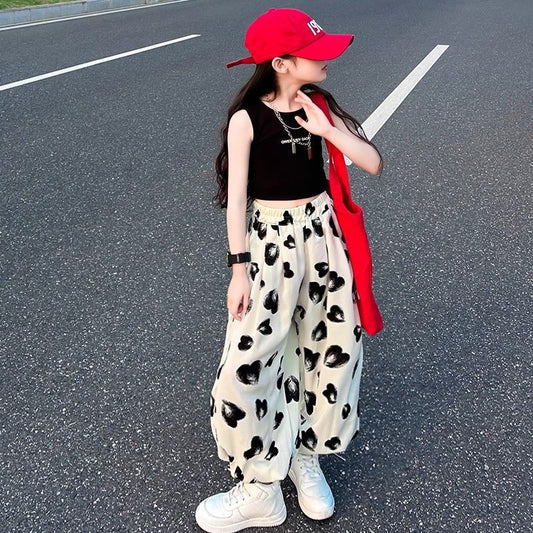 A girls pants summer thin wide-leg pants new summer letter sleeveless top casual pants set foreign trade
