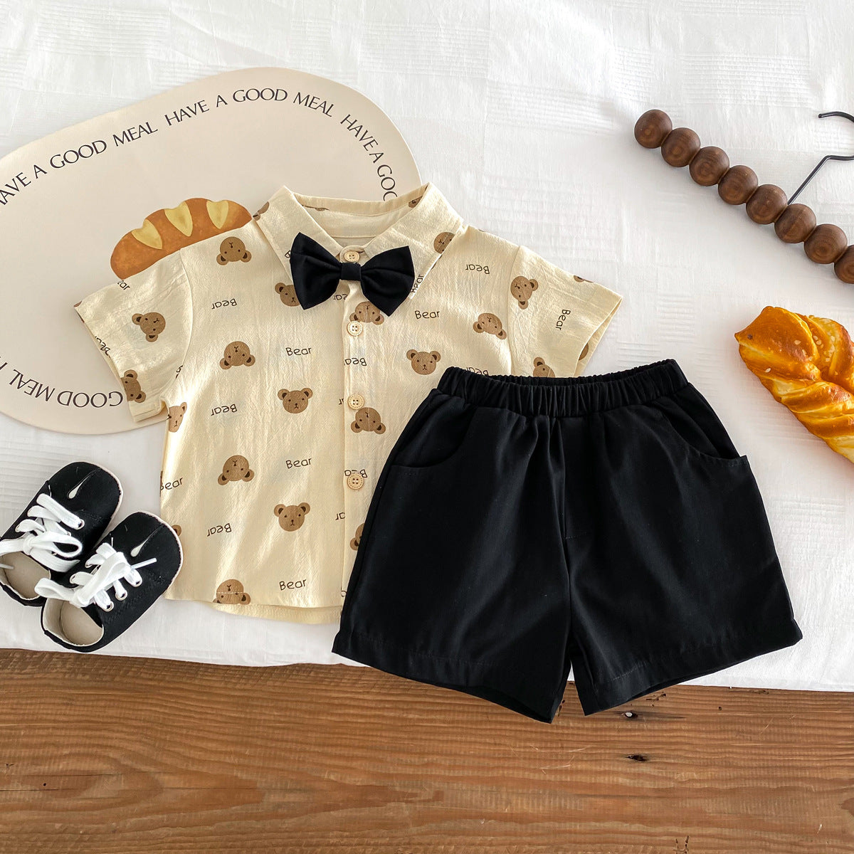 A 2024 Summer Boys Gentlemen's Necktie Short sleeved Shirt Shorts Set for Children's Korean Little Bear Print Two Piece Set - Mixbatch