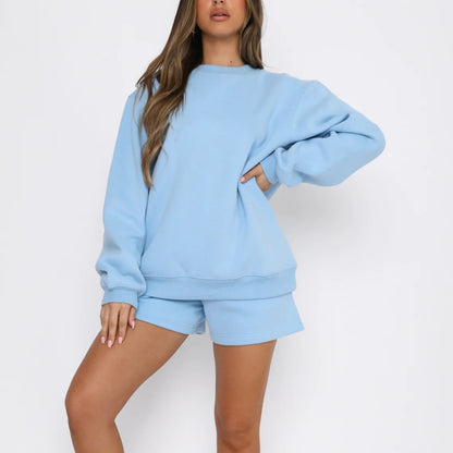 A solid color loose and versatile casual crew neck sweater shorts set - Mixbatch