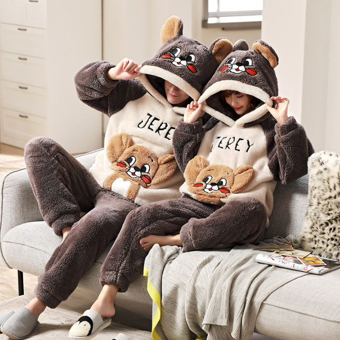 A Autumn and winter coral fleece men's and women's pajamas long-sleeved hooded cartoon flannel thickened couple loungewear warm suit