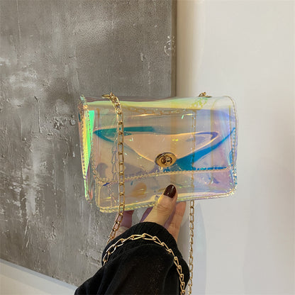 A new laser colorful small square bag chain small bag mobile phone bag change bag transparent bag shoulder messenger bag
