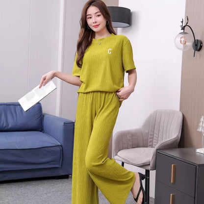 A suit women's spring summer letter embroidery thin ice silk loungewear suit casual loose trousers two-piece set