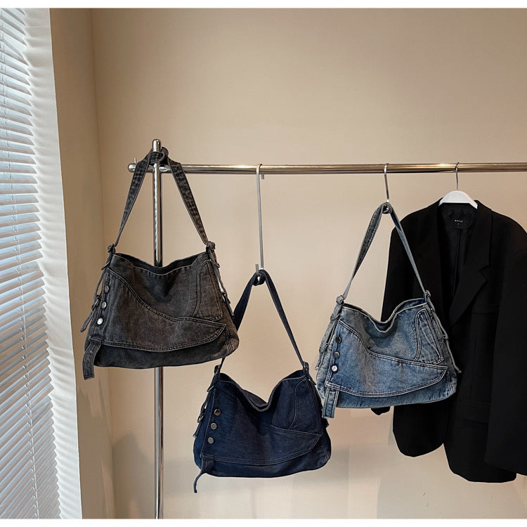 A denim shoulder bag