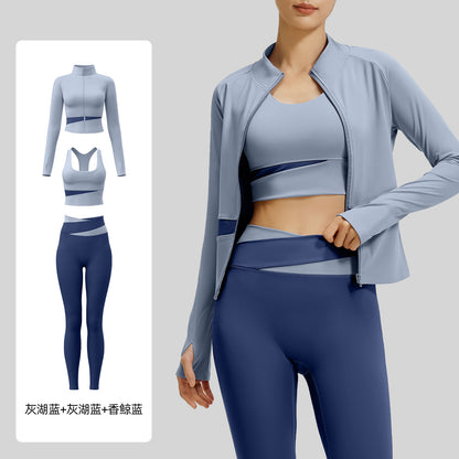 A color matching three-piece nude yoga suit running waist fitness suit women