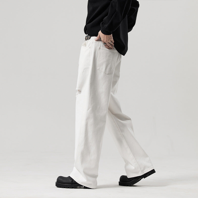 A straight white ripped jeans fashion trendy long pants