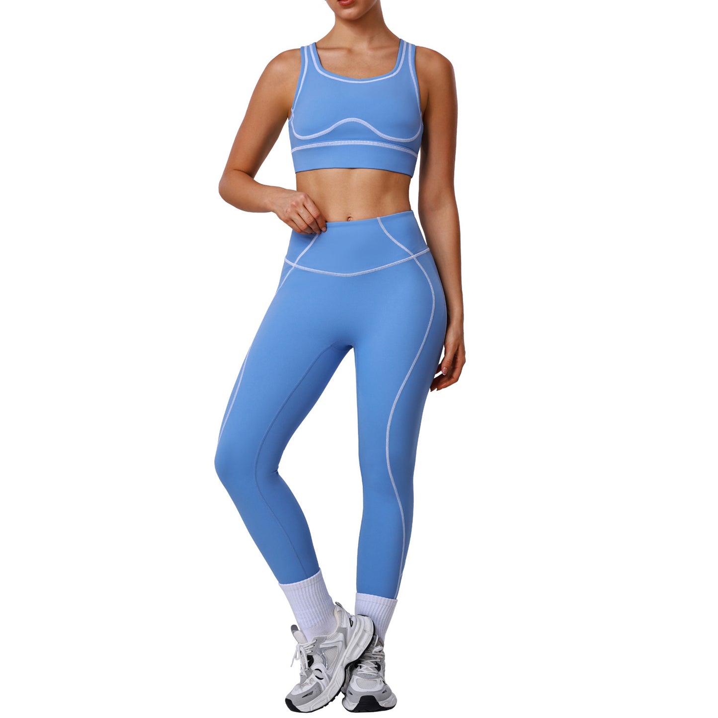 A High-intensity nude contrasting color yoga suit, sports training leggings, shock-proof bra, fitness running suit