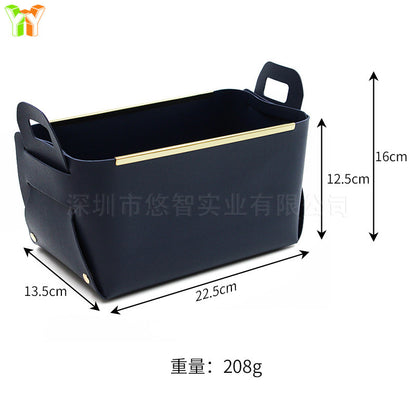 A leather sock storage basket