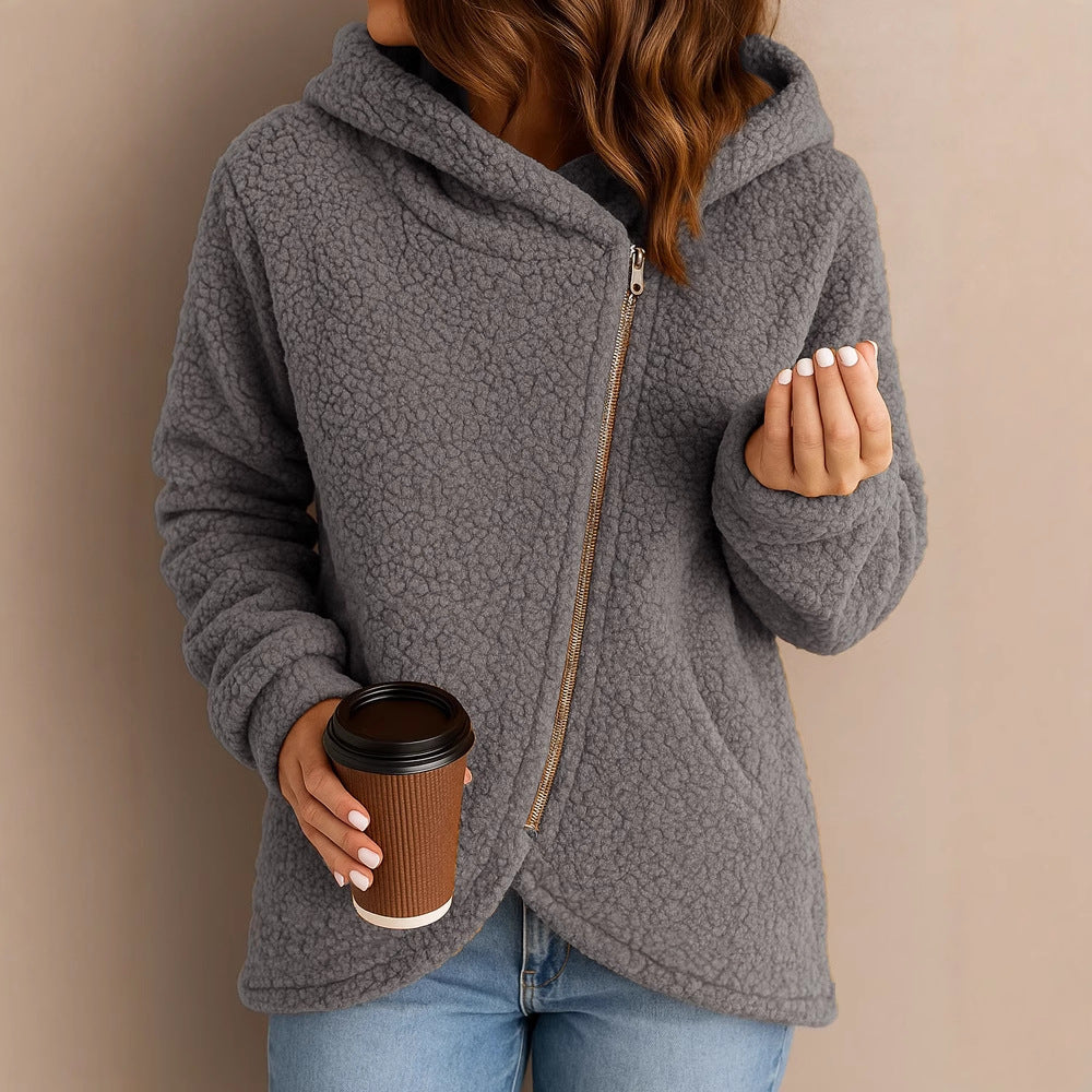 A long-sleeved zip-up hooded jacket