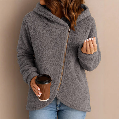 A long-sleeved zip-up hooded jacket