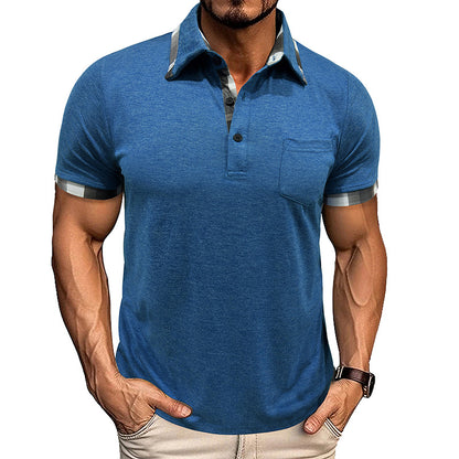 A European and American men's clothing summer lapel plaid short-sleeved POLO shirt top cross-border men's pocket fashion polo jersey Henry