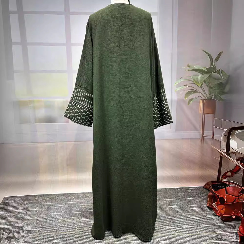 Middle Eastern Muslim Clothing Fashion Elegant Pocket Cardigan Embroidery Contrast Color Dress Robe - Mixbatch