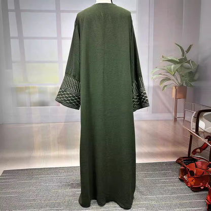 Middle Eastern Muslim Clothing Fashion Elegant Pocket Cardigan Embroidery Contrast Color Dress Robe - Mixbatch