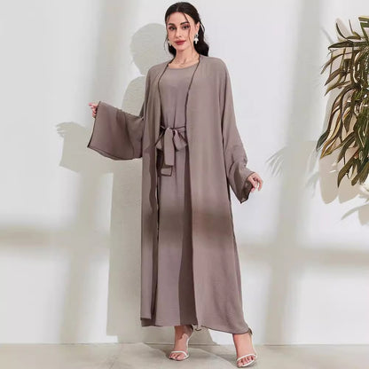 Women's Middle Eastern Muslim Clothing Fashion Elegant Cardigan Dress Belt Robe - Mixbatch