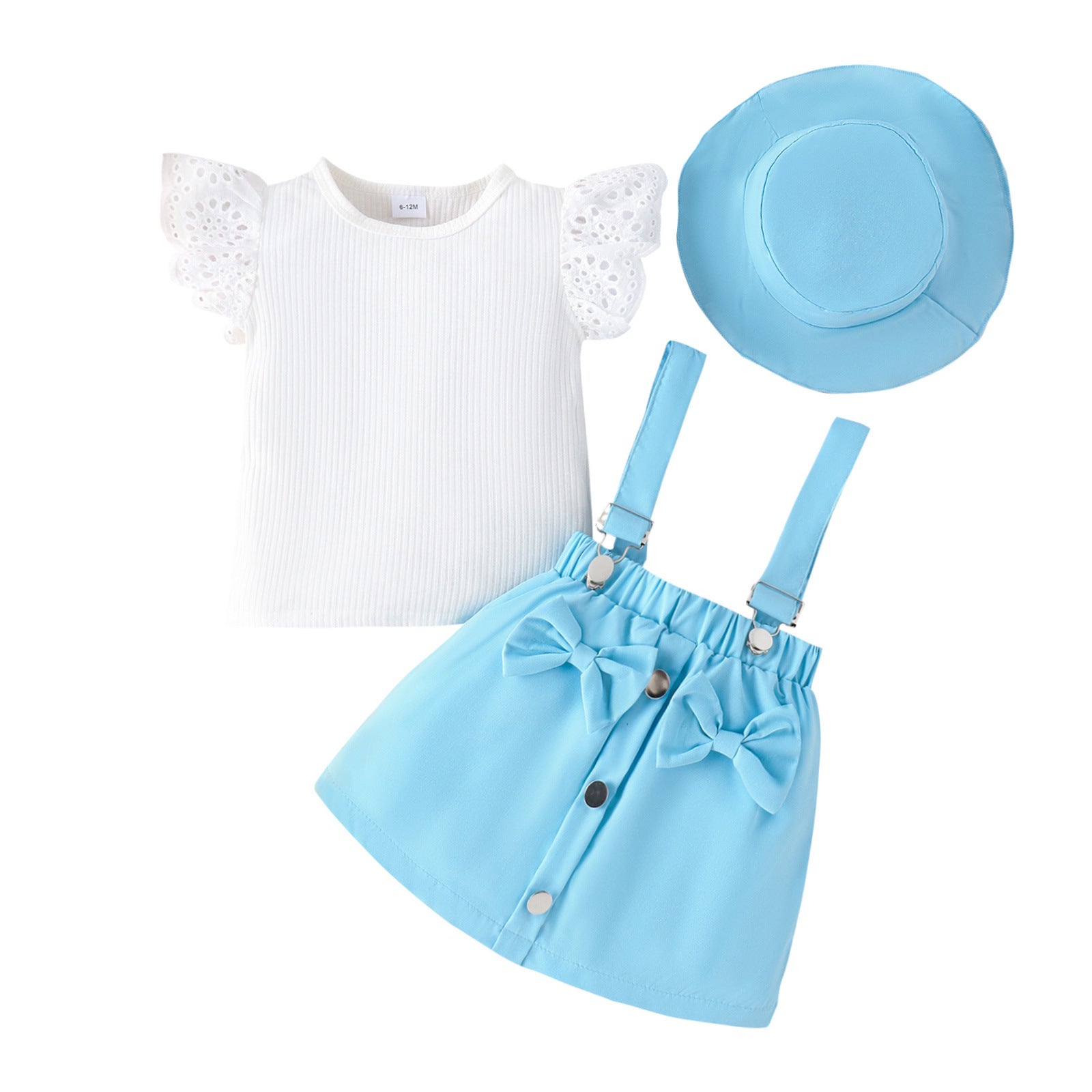 Amazon Spring/Summer New Children's Lace Flying Sleeves Top+Solid Color Strap Short Skirt+Hat Girls' Set - Mixbatch