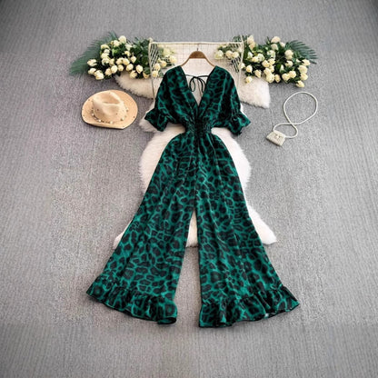 A European and American style sexy V-neck short-sleeved waist and thin leopard print jumpsuit temperament ruffle edge wide-leg pants