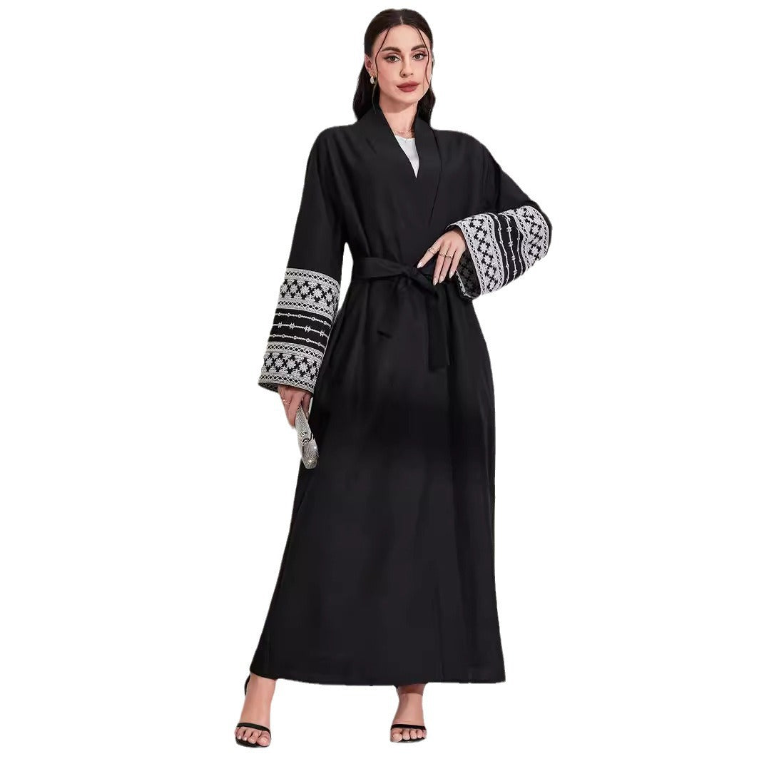 Middle Eastern Muslim Fashion Elegant Cardigan Embroidered Belt Dress Pocket Robe - Mixbatch