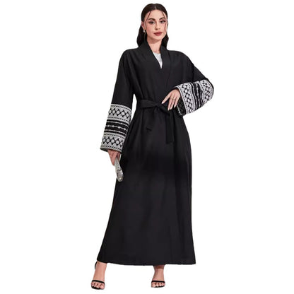 Middle Eastern Muslim Fashion Elegant Cardigan Embroidered Belt Dress Pocket Robe - Mixbatch