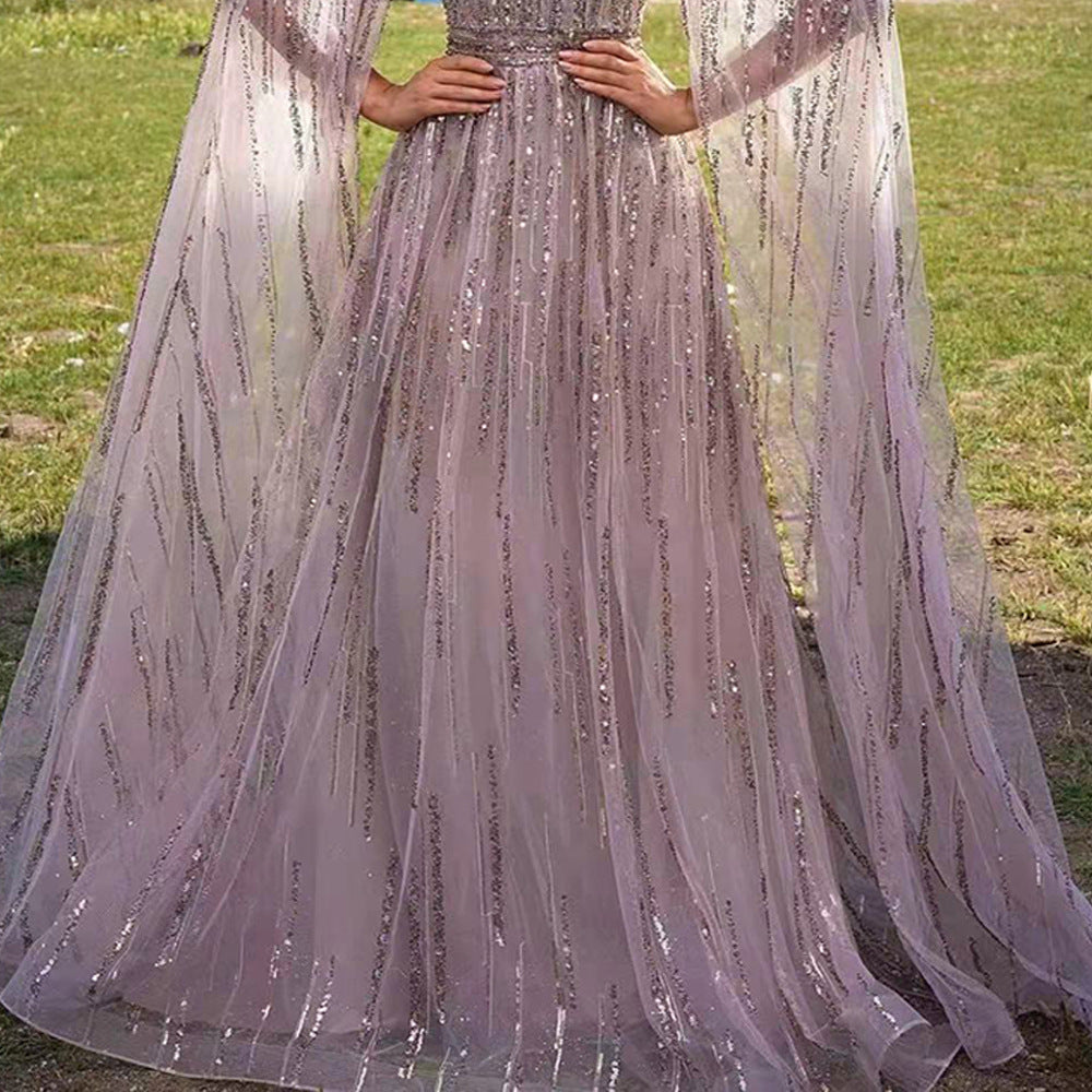 A spring and summer women's temperament mesh dress dress fringed sequined evening dress dress