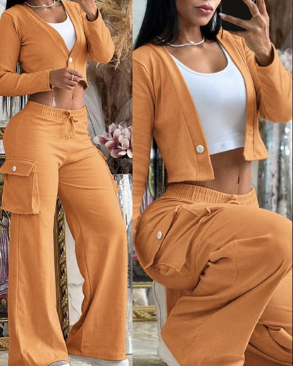 A Women's Casual Long Sleeve Solid Color Button Pocket Wide Leg Pants Set - Mixbatch
