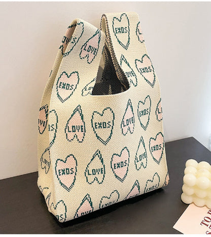 A Internet celebrity handbag women's knitted wool bucket bag Japanese and Korean version versatile hand carry casual tote bag box lunch bag y