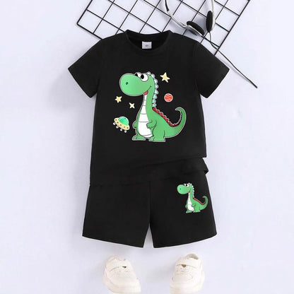 A European, American and foreign trade Amazon summer new hot sale green love dinosaur printing children's clothing set short-sleeved T-shirt shorts