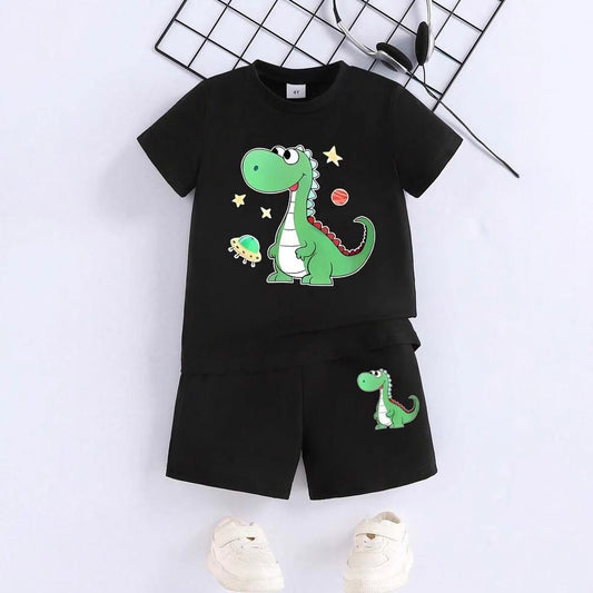 A European, American and foreign trade Amazon summer new hot sale green love dinosaur printing children's clothing set short-sleeved T-shirt shorts