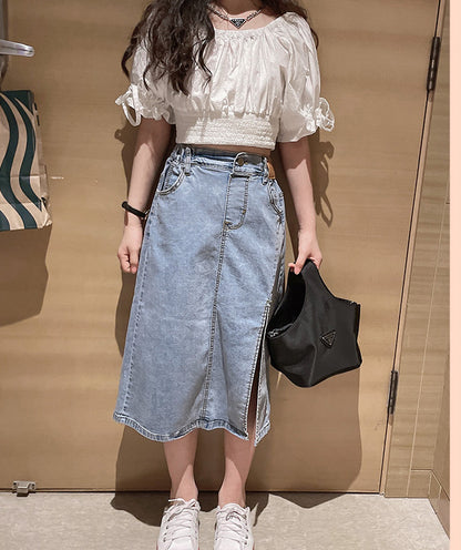 A new summer girls fashionable suit children's Internet celebrity big children's foreign style off-the-shoulder doll shirt + denim skirt