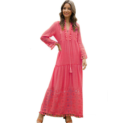 A European and American autumn and winter women's clothing lace splicing fringed bamboo cotton long-sleeved dress