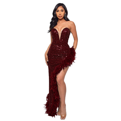 A ins European and American cross-border women's clothing wish Amazon ebay independent station tube top backless sequined feather dress women
