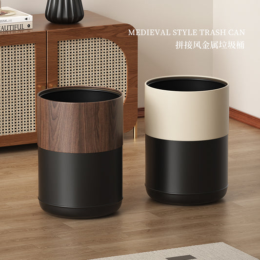 A black walnut wood grain trash can