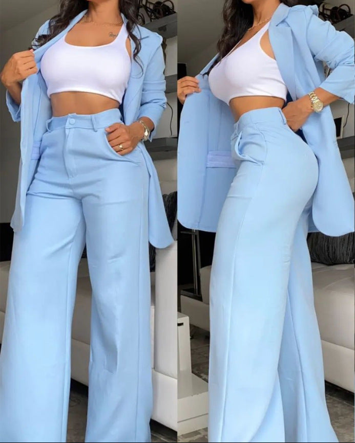 A women's temperament elegant solid color split sleeve lapel suit pocket straight pants suit - Mixbatch