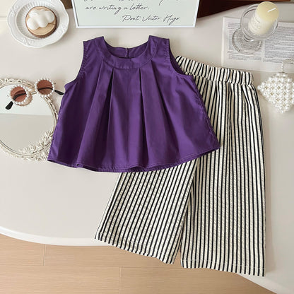 A summer new Korean version of children's sleeveless top + striped wide-leg pants two-piece set