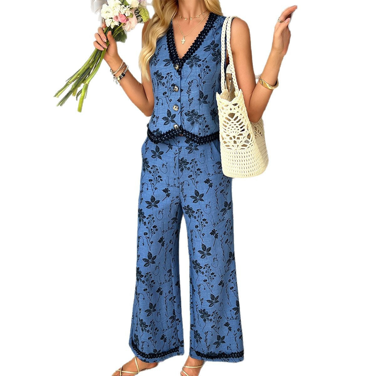 2025 Spring/Summer Bohemian European and American style printed lace cardigan vest long pants set - Mixbatch