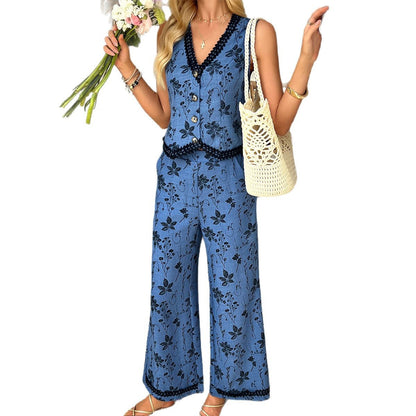 2025 Spring/Summer Bohemian European and American style printed lace cardigan vest long pants set - Mixbatch
