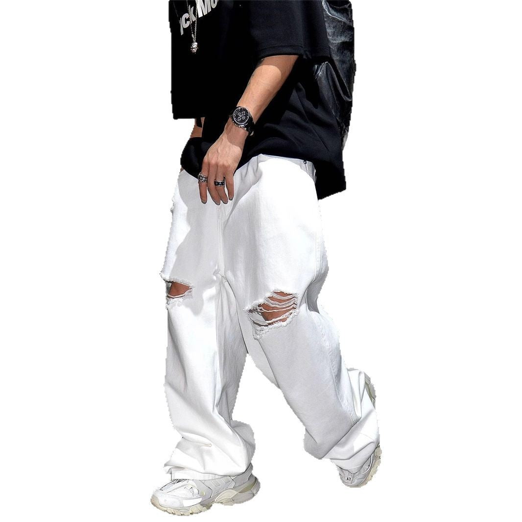 A white ripped wide-leg jeans loose straight