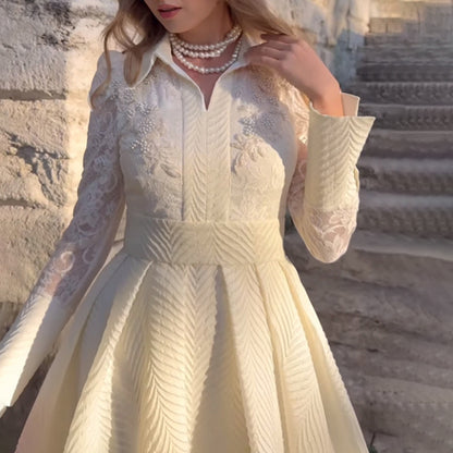 A European and American white chest beaded lace yarn French retro long-sleeved slim dress