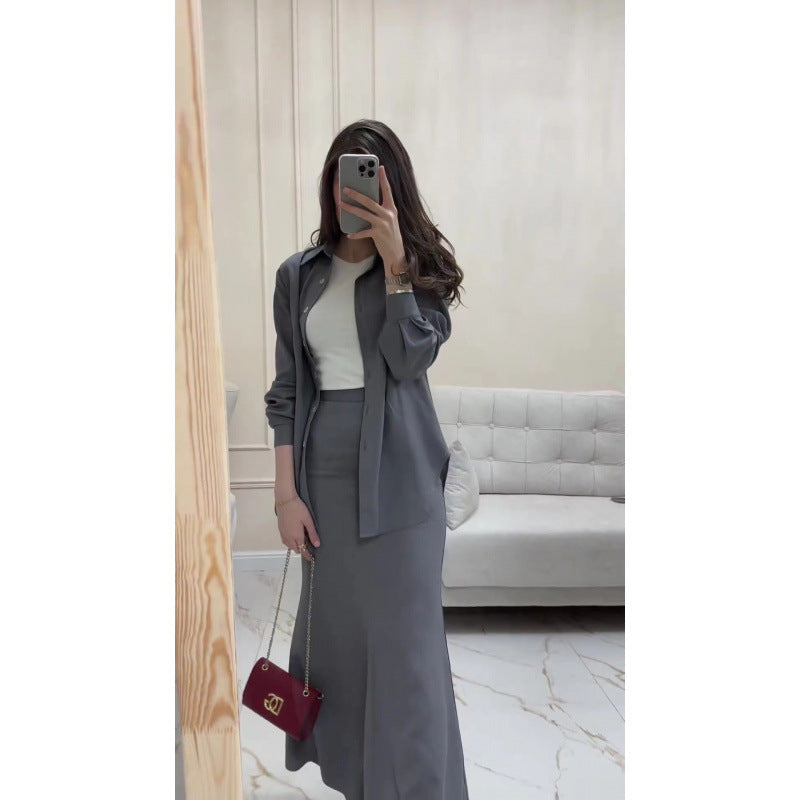 A Autumn Casual Fashion Comfortable Shirt High Waist Hip Wrap Slim Skirt Set