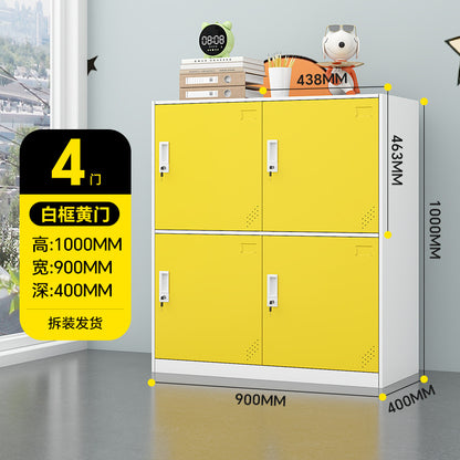 A colorful metal storage locker for school classrooms
