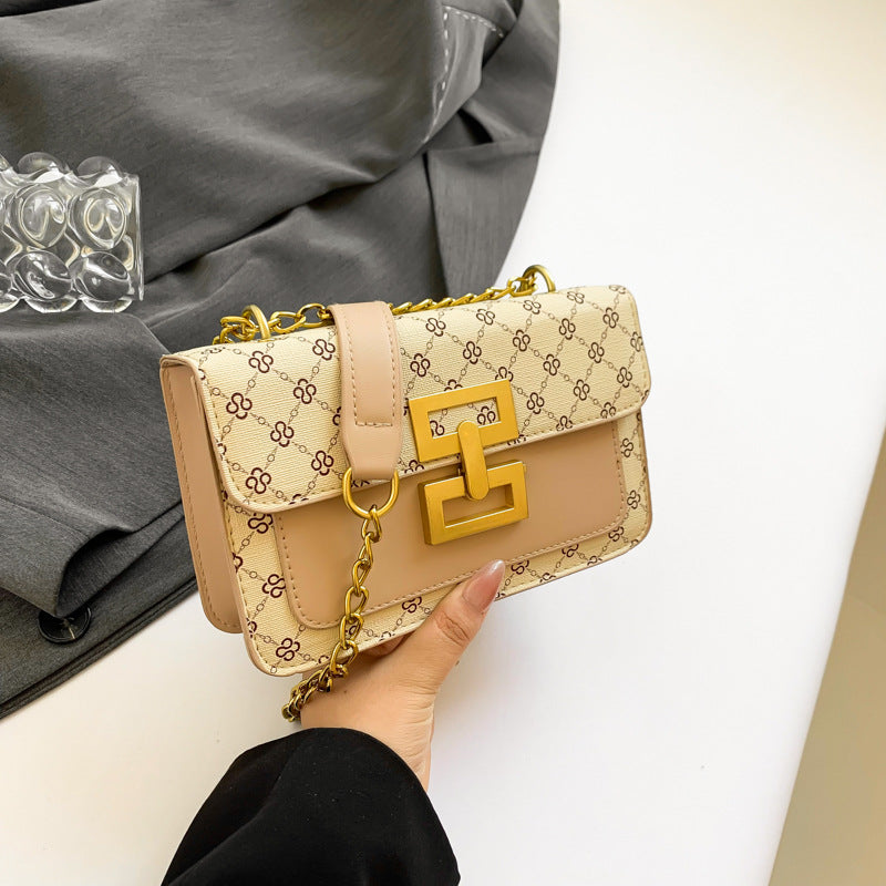A new simple foreign style shoulder bag fashion chain retro lock small square bag printed messenger bag - Mixbatch