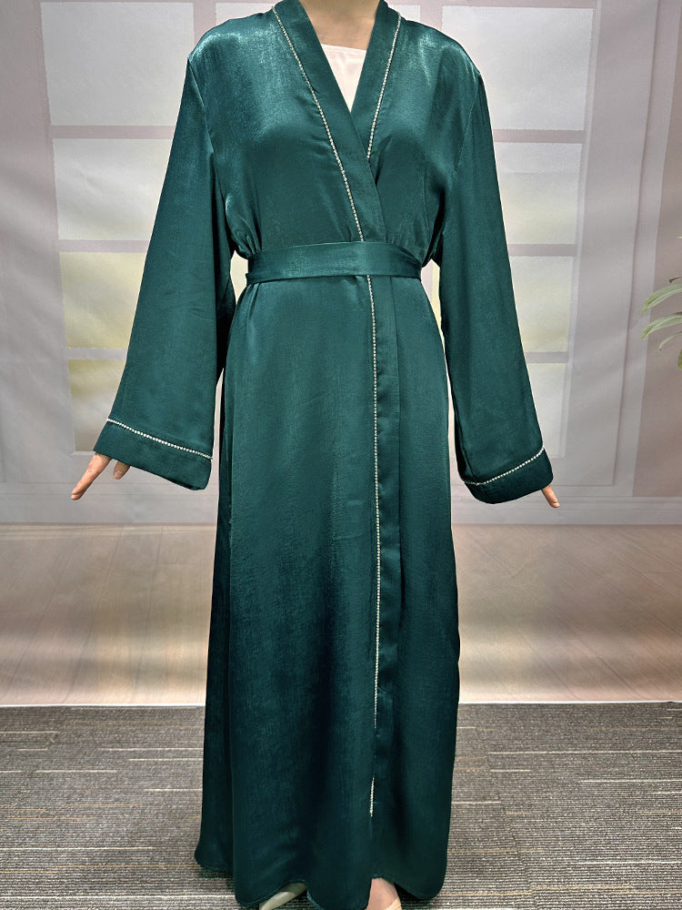 New Middle Eastern Muslim Clothing Fashion Elegant Nailed Diamond Cardigan Dress Belt Robe - Mixbatch