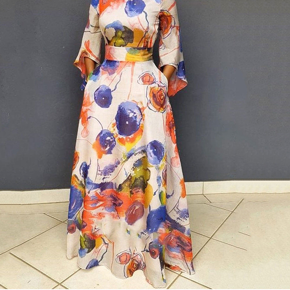 A Mid-waist blue printed long dress waist dress