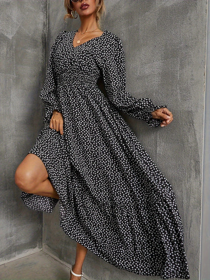 A long-sleeved V-neck dress