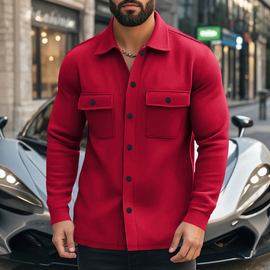 A casual men's fleece lapel top single-breasted solid color slim-fit jacket jacket men's cotton polo shirt