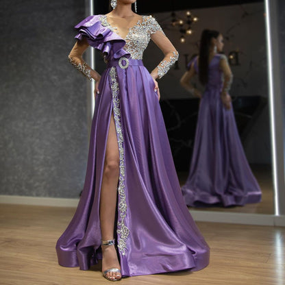 A European and American women's evening dress women's gold purple sequined dress