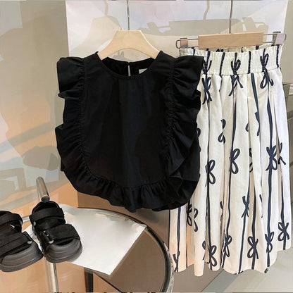 A Korean version of the girl doll shirt summer new sweet retro Hepburn style flying sleeve elegant simple long skirt set