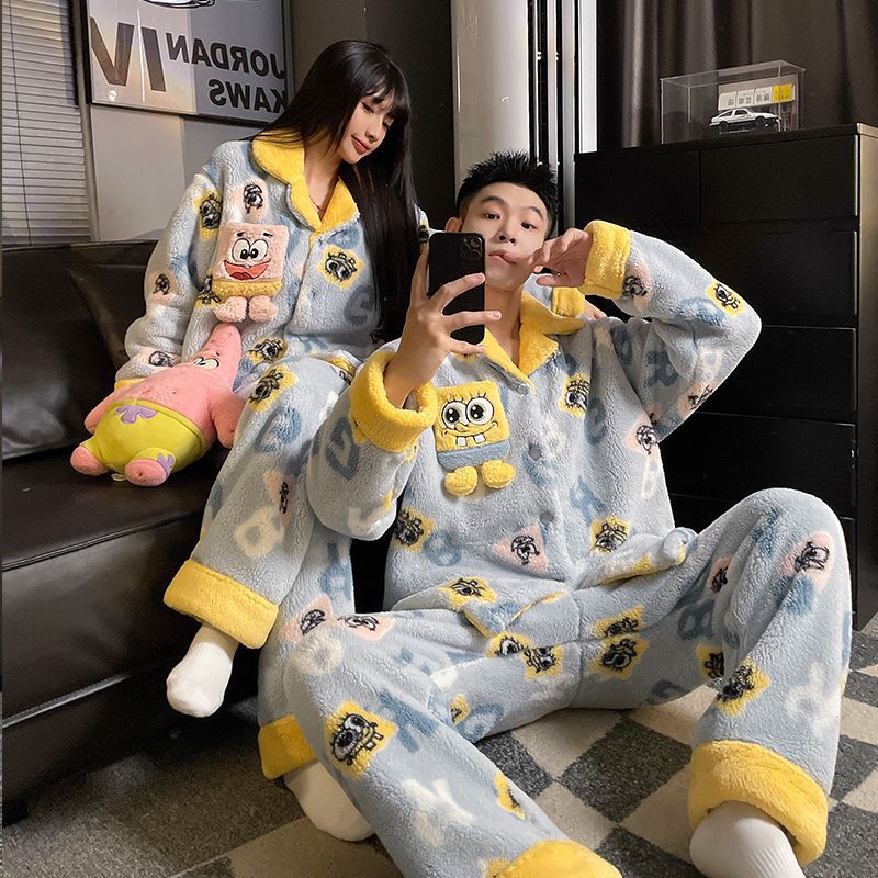 A autumn and winter coral fleece couple pajamas fleece thickened warm cartoon cardigan lapel can be worn outside loungewear set