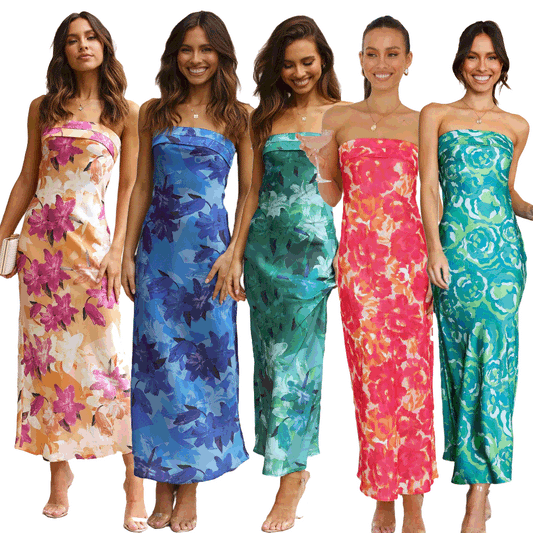 A flower print chest wrap medium and long dress D2210