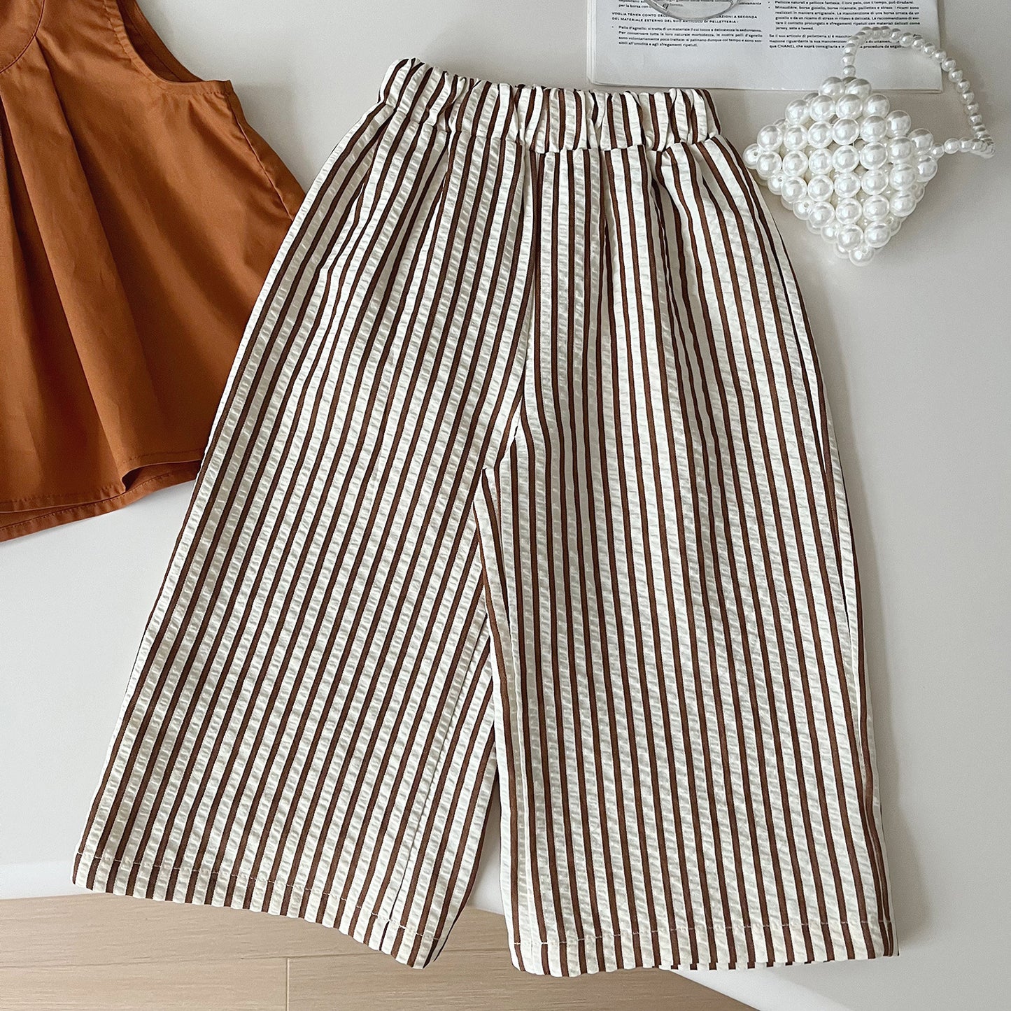 A summer new Korean version of children's sleeveless top + striped wide-leg pants two-piece set