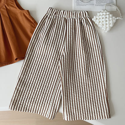 A summer new Korean version of children's sleeveless top + striped wide-leg pants two-piece set